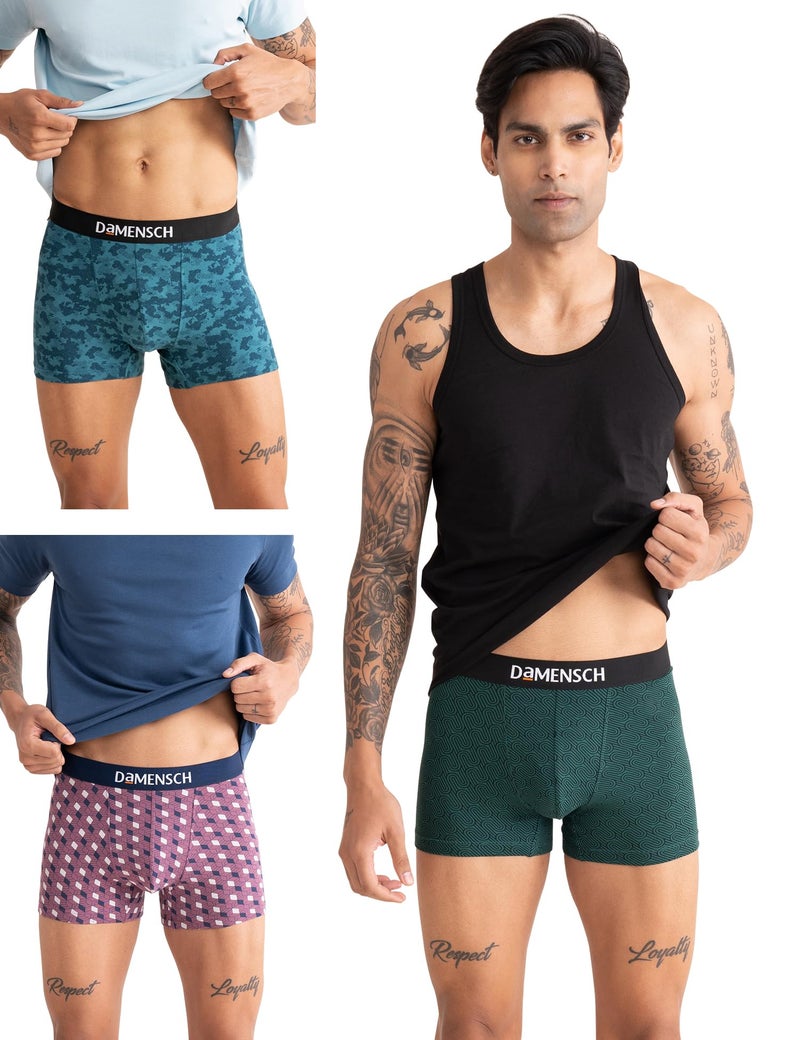 DAMENSCH Men's Regular Fit Printed Cotton Trunks | Combed Cotton, Stretchy Fabric Underwear for Men, Trunks for Men, Boxer Briefs for Men,Mens Underwear-Forest Biome,Tulipwood,Colonial Blue-M - Image 1