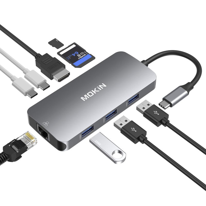 Mokin USB C Adapters for MacBook Pro/Air,Mac Dongle with 3 USB Port,USB C to HDMI, USB C to RJ45 Ethernet,MOKiN 9 in 1 USB C to HDMI Adapter,100W Pd Charging, USB C to SD/TF Card Reader USB C Hub - Image 1