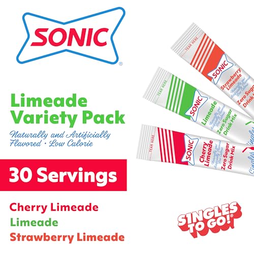 SINGLES TO GO! Sonic Singles To Go Limeade Variety Pack, Watertok Powdered Drink Mix, Includes 3 Flavors, Limeade, Cherry Limeade, Strawberry Limeade, 1 Box (30 Servings) - Image 2