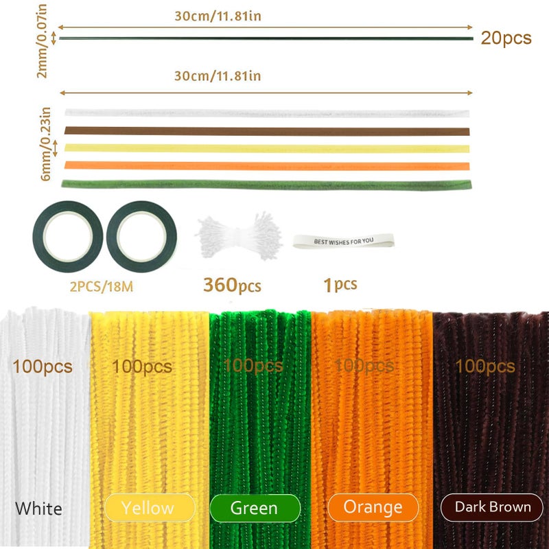 Anyangjia 500 Pcs Pipe Cleaners Craftï¼Œ5 Colors Pipe Cleaners Bulk,Chenille Stems Flowers Craft kit for DIY Handmade Bouquet Wrapping Party Decorations whit Ribbonsï¼ŒStems,Tapeï¼ŒStamens, Glue Sticks (Sunflower) - Image 2