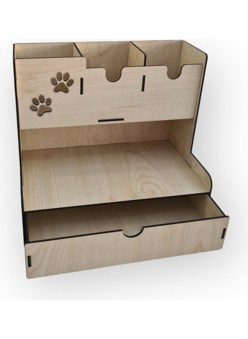 Dalyan Wooden Desktop 3-Partition, Drawer Pencil Holder Desktop Organizer  - Image 1