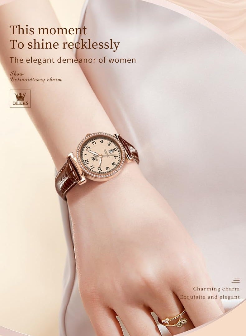 OLEVS Women's Leather Strap Elegant Luxury Dress Chronograph Waterproof Watch Date Week Watch 5590 - Image 3