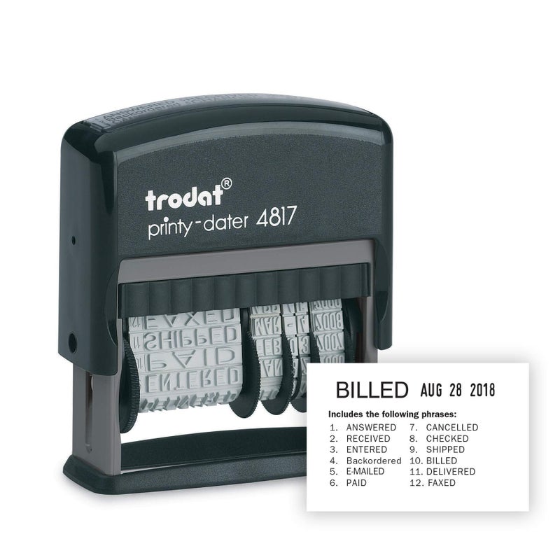 Trodat Printy 4817 Economy Dial-A-Phrase, 12 Popular Office Messages, Month in Letters, Day and Year in Numbers, Rubber Date Stamp â€“ Self Inking (Black) - Image 1