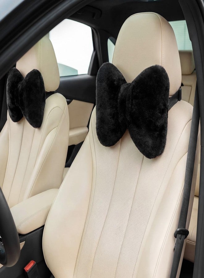 Macarrie 2 Pcs Car Neck Pillow Velvet Bow Headrest Pillow Soft Comfortable Seat Neck Support Cute Bow Car Accessories for Driving Travel Driver Chair Girl Style Interior Decor (Solid,Black) - Image 1