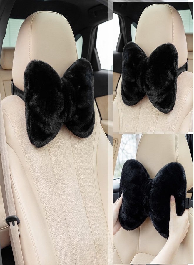 Macarrie 2 Pcs Car Neck Pillow Velvet Bow Headrest Pillow Soft Comfortable Seat Neck Support Cute Bow Car Accessories for Driving Travel Driver Chair Girl Style Interior Decor (Solid,Black) - Image 5