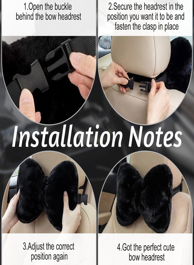 Macarrie 2 Pcs Car Neck Pillow Velvet Bow Headrest Pillow Soft Comfortable Seat Neck Support Cute Bow Car Accessories for Driving Travel Driver Chair Girl Style Interior Decor (Solid,Black) - Image 3