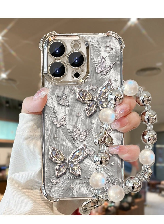 متوافق مع جراب  iPhone 16 Pro Max - غطاء حافظة الفراشات لطيفة مع غطاء حافظة شفافة مع حزام جميل سوار سلسلة بنات نسائي لهاتف iPhone 16 Pro Max - Image 1