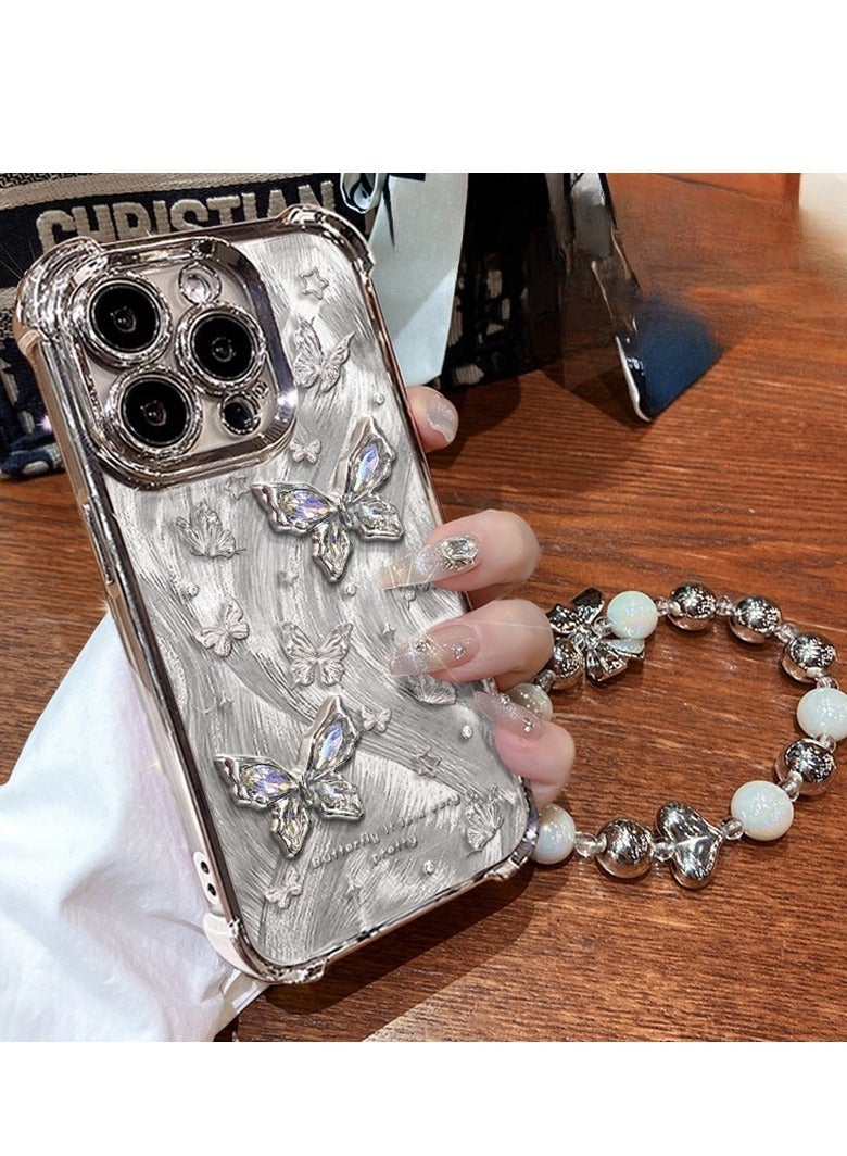 متوافق مع جراب  iPhone 16 Pro Max - غطاء حافظة الفراشات لطيفة مع غطاء حافظة شفافة مع حزام جميل سوار سلسلة بنات نسائي لهاتف iPhone 16 Pro Max - Image 2