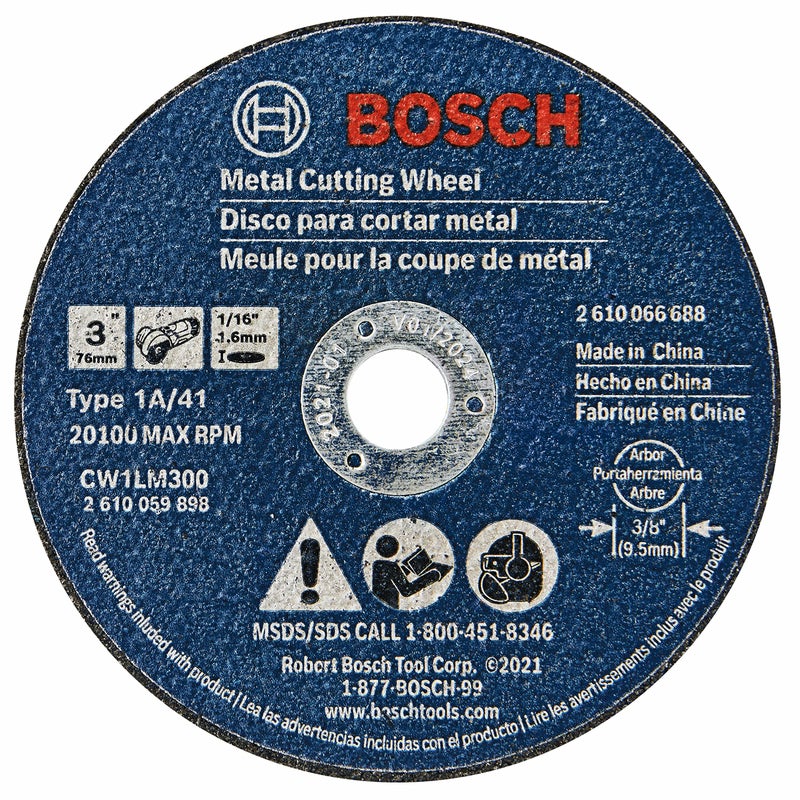BOSCH CW1LM300 5-Pack 3 In. x 1/16 In. Metal Cutting Wheel 46 Grit Compatible with 3/8 In. Arbor Type 1A (ISO 41) for Fast Cutting Applications in Metal, Stainless Steel - Image 1