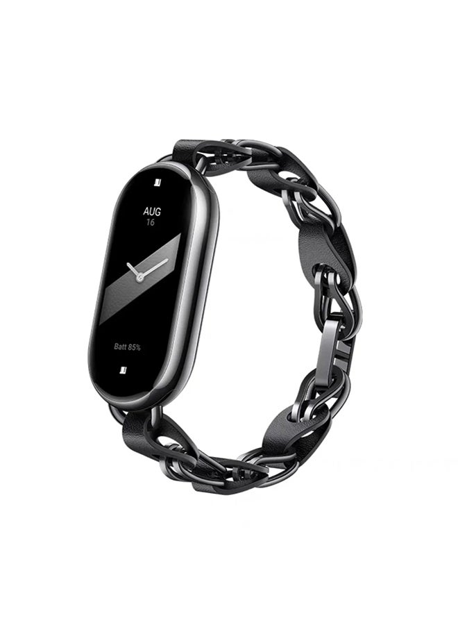 O Ozone Bands Compatible with Xiaomi Smart Band 8 Strap, Stainless Steel Leather Ring Chain Belt Replacement Watch Band for Women -Black  - Image 1