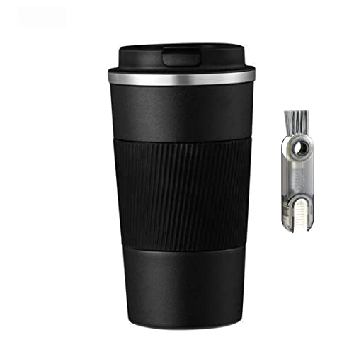 Wosta Travel Mug, Insulated Coffee Cup with Leakproof Lid,Vacuum Insulation Stainless Steel Reusable for Hot Cold Coffee, Non-Slip Protective Cover, (Black, 380 Ml & Cleaning Brush) - Image 1