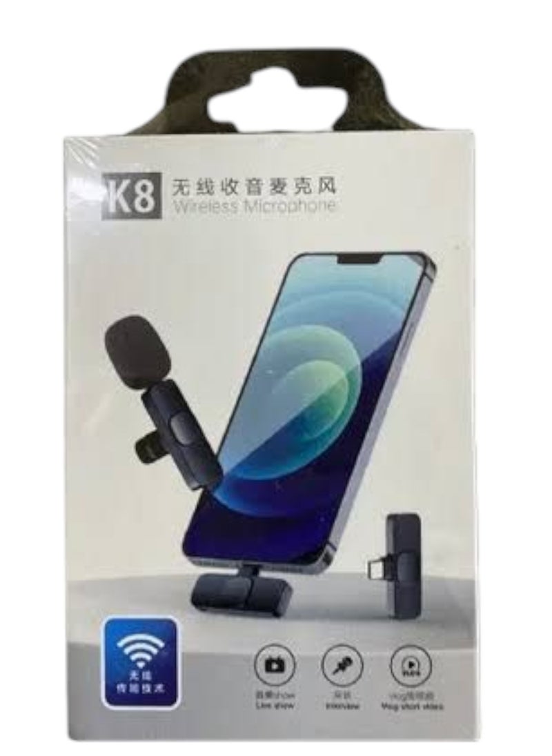 Generic - K8 Wireless Microphone, Mini Portable Digital Recording Microphone with Receiver for All Type-C Cell Phones - Black - Image 1