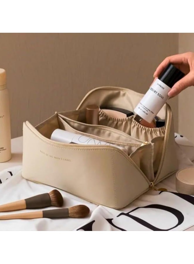 High Quality Leather Large Travel Cosmetic Bag (beige) - Image 5