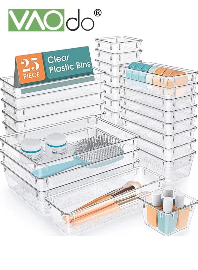 VAOdo 25PCS Transparent Drawer Organizer Set, Plastic Cabinet Organization Box with Non-slip Silicone Pads, 5 Different Sizes Drawer Organizer Trays for Bathroom Vanity Kitchen Home Entry - Image 2