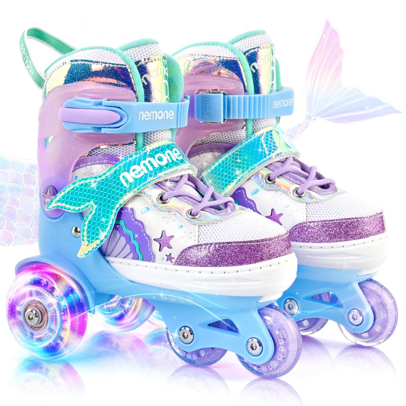 NEMONE Mermaid 4 Size Adjustable Light up Roller Skates for Girls Blue Purple Skates for Toddlers Beginner Kids Roller Skates Indoor Outdoor Blue XS