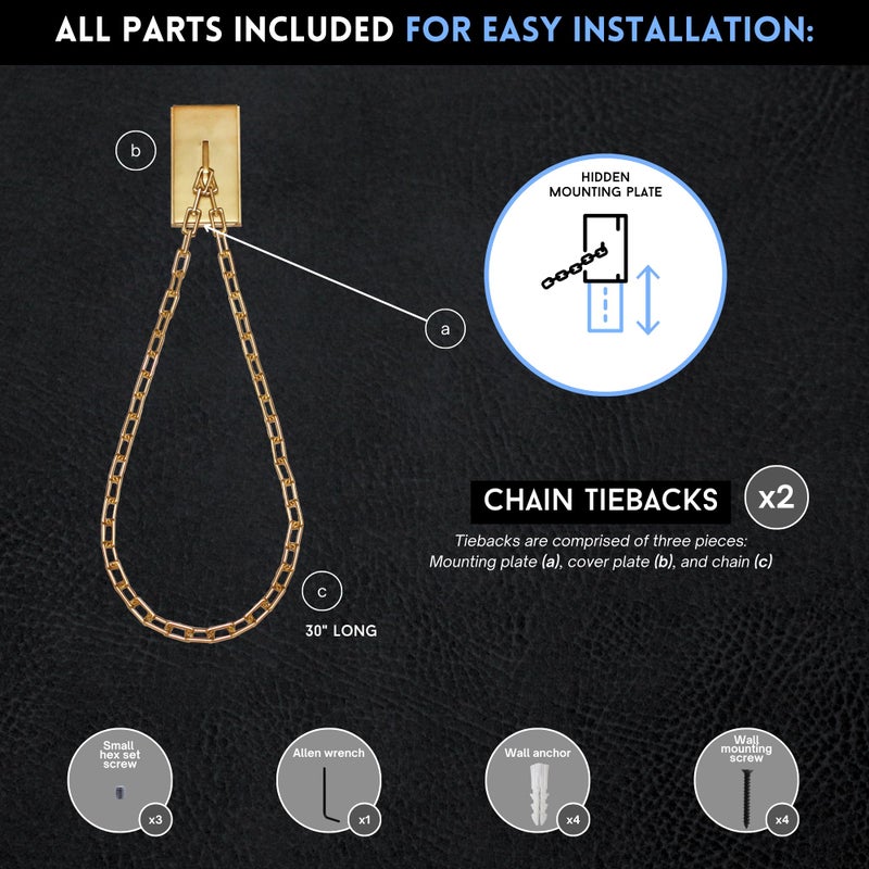 BlastHomeÂ® Luxury Chain Tiebacks â€“ Premium Metal Wall Mounted Curtain Holdbacks with 30" Long Chains - Signature Collection, Set of Two â€“ Designer Quality Window Drapery Ties â€“ Brushed Gold Finish - Image 4
