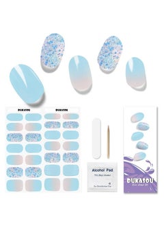 Semi Cured Gel Nail Strips 28 Pcs Gel Nail Strips Work With Any Uv Lamp Long Lasting Gel Nail Stickers Full Nail Wraps Salon Quality Easy To Apply（Summer Blue)