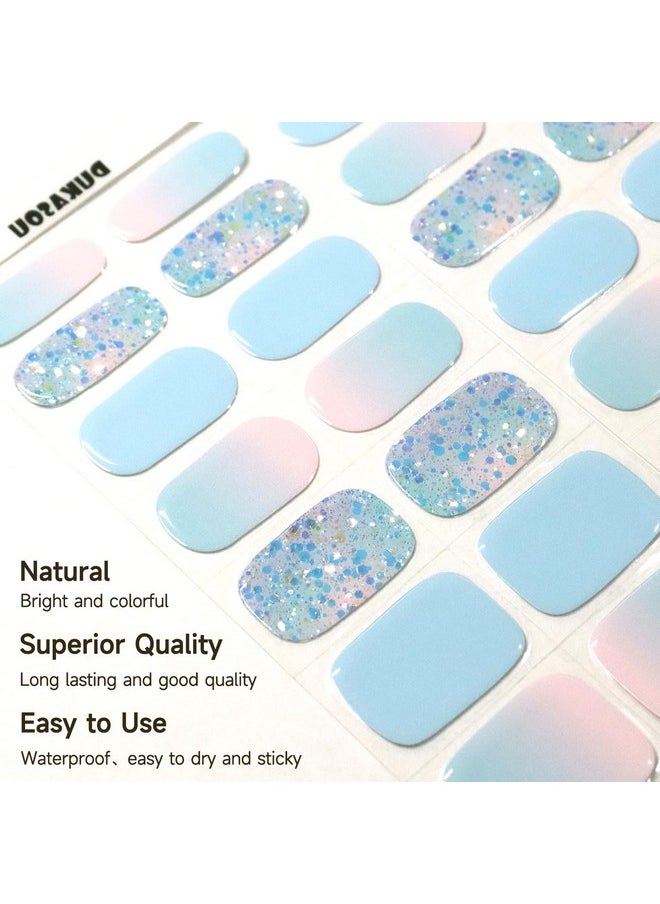 DUKASOU - Semi Cured Gel Nail Strips 28 Pcs Gel Nail Strips Work With Any Uv Lamp Long Lasting Gel Nail Stickers Full Nail Wraps Salon Quality Easy To Apply（Summer Blue) - Image 1