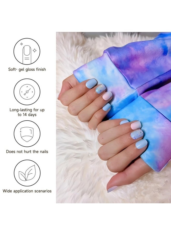 DUKASOU - Semi Cured Gel Nail Strips 28 Pcs Gel Nail Strips Work With Any Uv Lamp Long Lasting Gel Nail Stickers Full Nail Wraps Salon Quality Easy To Apply（Summer Blue) - Image 1
