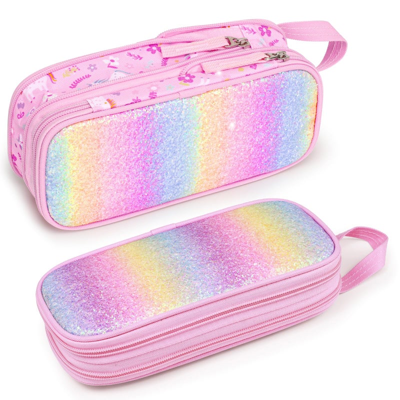 Bagseri Glitter Pencil Case for Girls Expandable Kids Pencil Pouch Large Capacity Cute Pencil Bag for School Pen Case Only Pink Unicorns