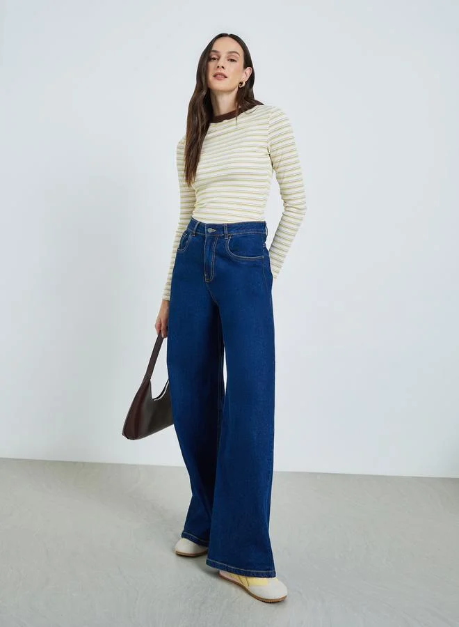 تايك تو Women's Striped Round Neck Long Sleeve Top