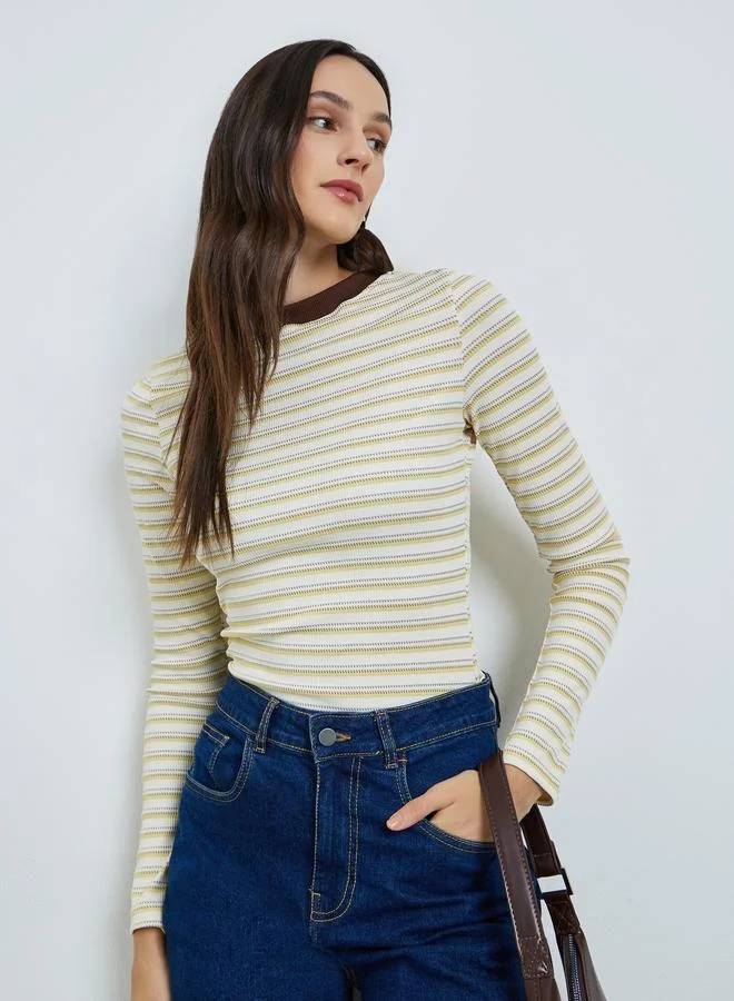 تايك تو Women's Striped Round Neck Long Sleeve Top