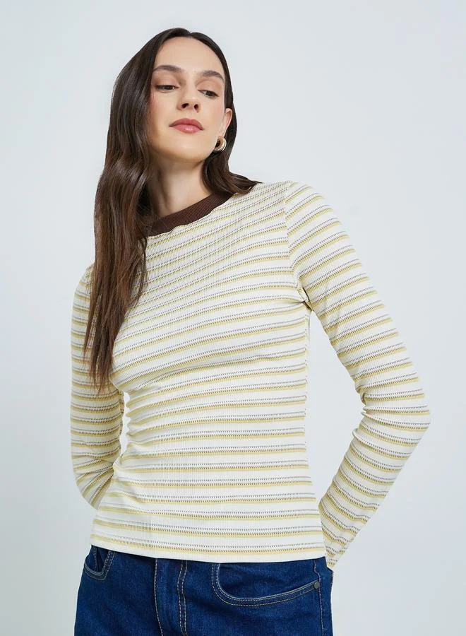 تايك تو Women's Striped Round Neck Long Sleeve Top