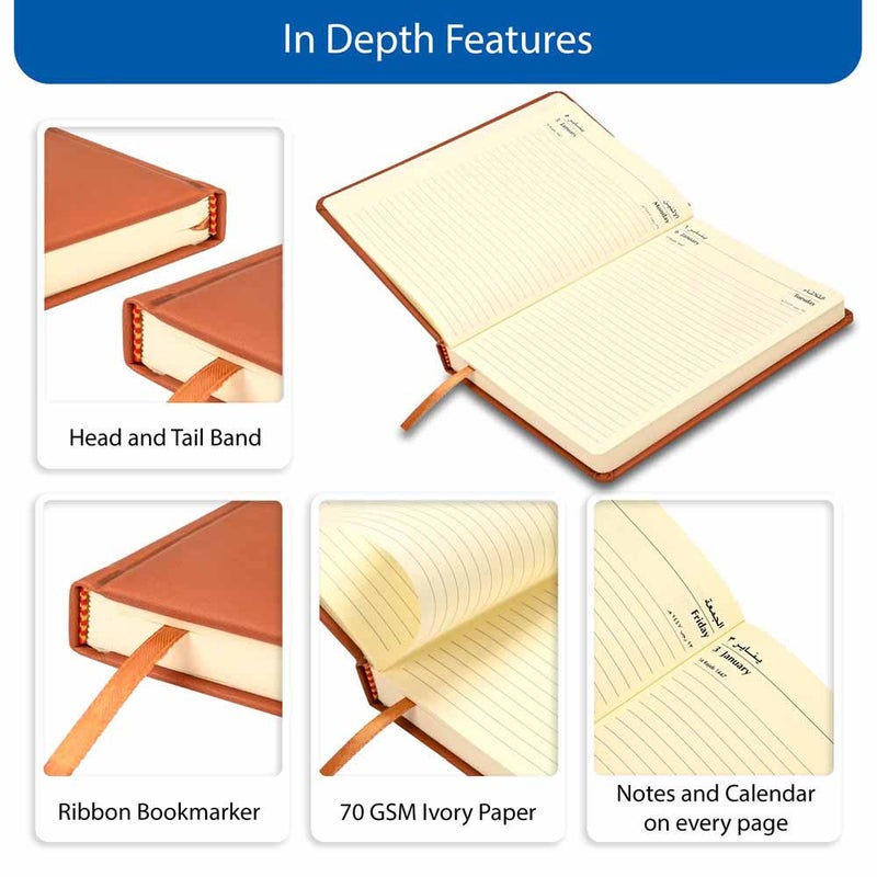 FIS 2026 A5 Diary, 148x210mm, 1 Side Padded Italian PU Cover Materials, Round Corners, Saturday & Sunday Combined, Arabic/English, 70gsm Italian Ivory Paper, Brown Cover-FSDI94AE26BR - Image 5