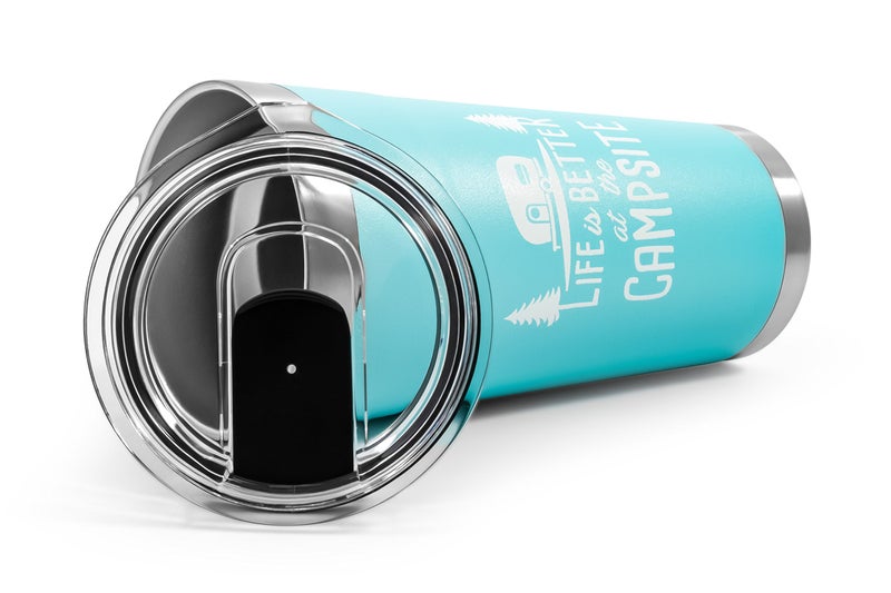 Camco Camco Life is Better at The Campsite Tumbler | Heavy Duty Double Wall Vacuum Insulation | Crafted of 18/8 Stainless Steel | Unique Life is Better at The Campsite  Design on Cool Blue | 20-oz (53057) - Image 3