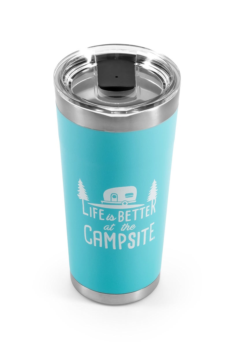 Camco Camco Life is Better at The Campsite Tumbler | Heavy Duty Double Wall Vacuum Insulation | Crafted of 18/8 Stainless Steel | Unique Life is Better at The Campsite  Design on Cool Blue | 20-oz (53057) - Image 1
