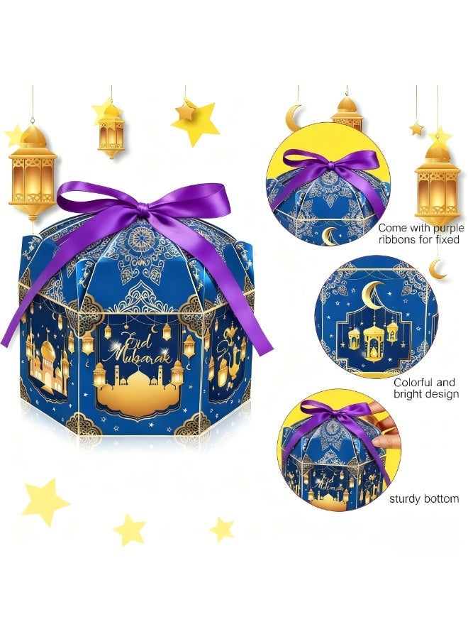 Bluejw 12 Pack Ramadan Eid Mubarak Treat Boxes Gold Lantern and Moon Design Hexagonal Paper Boxes with Ribbons Muslim Holiday Party Candy Containers for Eid - Image 2