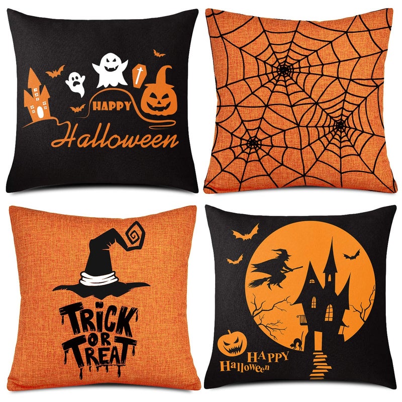 Whaline Whaline 4 Pieces Halloween Pillow Case  Orange and Black Pillow Cover  Happy Halloween Linen Sofa Bed Throw Cushion Cover Decoration (18"" x 18"")  - Image 1