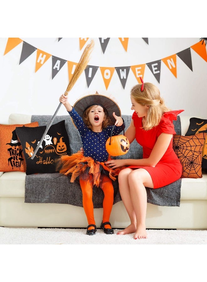 Whaline Whaline 4 Pieces Halloween Pillow Case  Orange and Black Pillow Cover  Happy Halloween Linen Sofa Bed Throw Cushion Cover Decoration (18"" x 18"")  - Image 4
