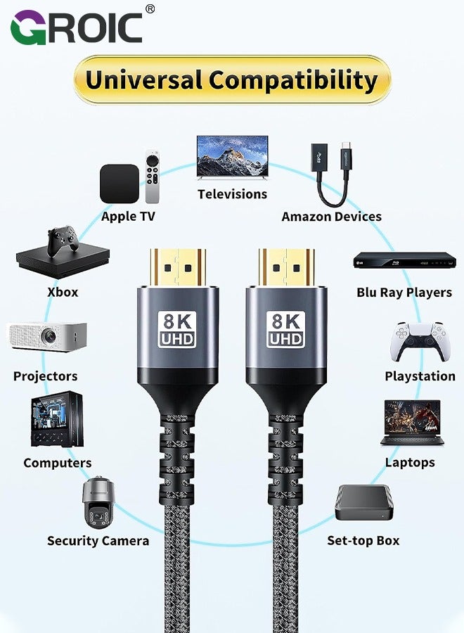 8K 4K HDMI Cables 3.3FT, High Speed Braided HDMI to HDMI 2.1 Cord Supports 8K@60Hz,4K@120Hz 144Hz 48Gbps Compatible with TV/PS5/HDTV/Blu-ray