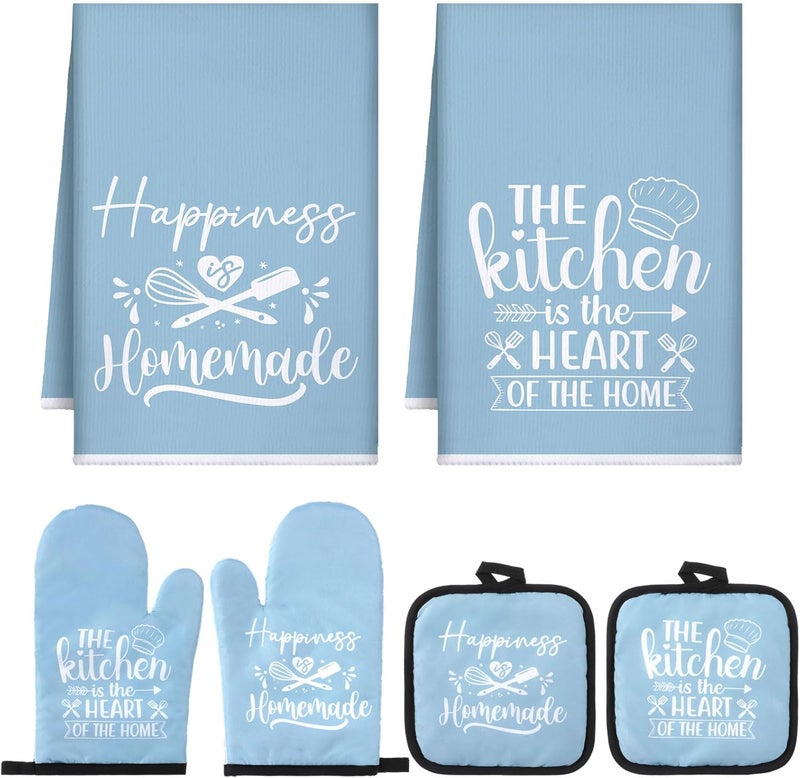 Sratte 6 Pcs Farmhouse Kitchen Towels Pot Holders Oven Mitts Set 2 Dish Towels 2 Potholders 2 Cooking Mittens Oven Glove for Baking Cooking Grilling Supply (Light Blue) - Image 1
