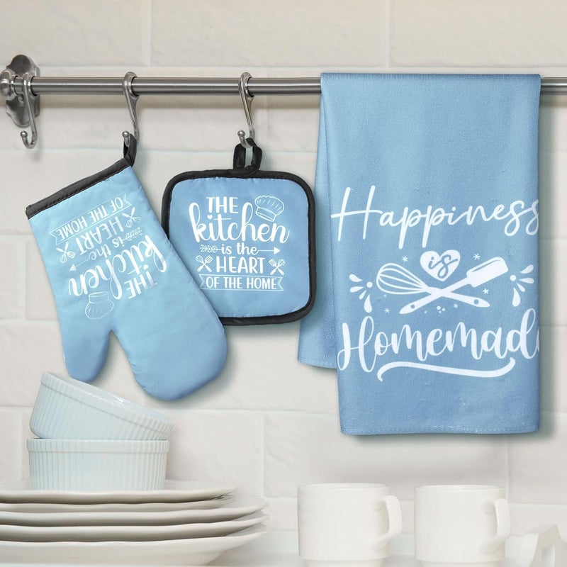 Sratte 6 Pcs Farmhouse Kitchen Towels Pot Holders Oven Mitts Set 2 Dish Towels 2 Potholders 2 Cooking Mittens Oven Glove for Baking Cooking Grilling Supply (Light Blue) - Image 2