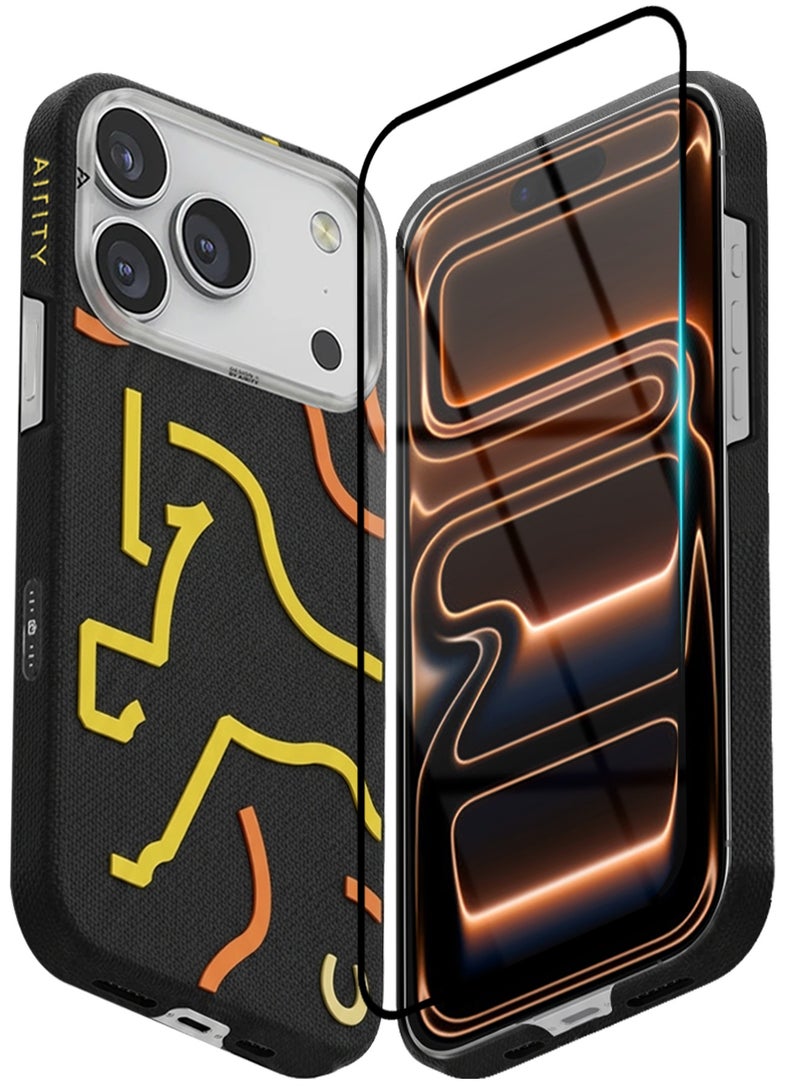 AIRITY Horse Style Bamboo Fiber Protective Case for iPhone 17 Pro – Ultra Durable, Lightweight & Premium Design with Screen Protector Black Yellow - Image 2