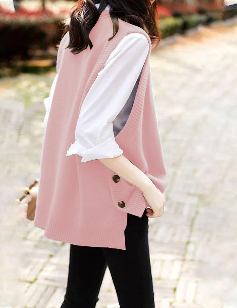 HangNiFang Women's Round Neck Sleeveless Pullover Ribbed Knit Sweater Vest Top (0199-Pink-XL) - Image 2