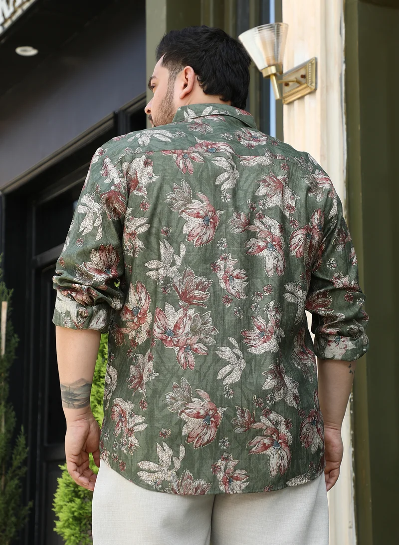 Instafab Plus  Instafab Plus Men's Olive Green Withering-Bloom Shirt For Casual Wear | Spread Collar | Long Cuffed Sleeves | Button Closure | Plus Size Shirt Crafted With Comfort Fit For Everyday Wear for Men | Best Price UAE
