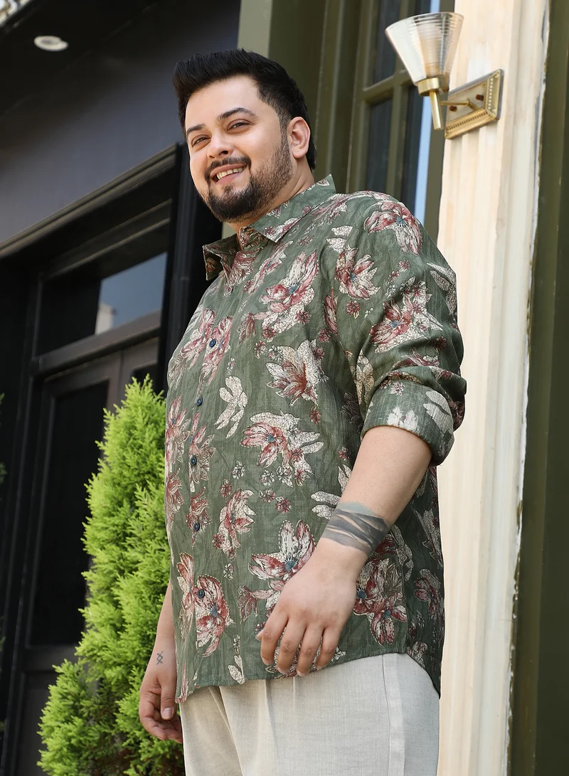 Instafab Plus  Instafab Plus Men's Olive Green Withering-Bloom Shirt For Casual Wear | Spread Collar | Long Cuffed Sleeves | Button Closure | Plus Size Shirt Crafted With Comfort Fit For Everyday Wear for Men | Best Price UAE