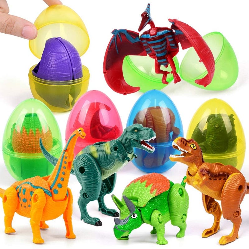 OCATO Easter Eggs Filled with Dinosaur Toys Jumbo Deformation Dinosaur Eggs Easters Egg Fillers Plastic Surprise Egg Easters Basket Stuffers Easter Party Favors for Kids Boys Girls Toddlers 6 Pack - Image 1