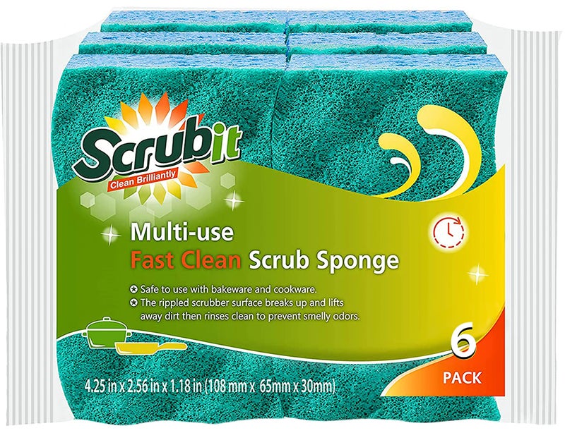 SCRUBIT MultiUse Scrub Sponge  NonScratch Kitchen Sponges for Dishes Pots  Pans  Heavy Duty  OdorFree Rippled Scrubbing Pad Designed for Tough Cleaning Jobs 6 Count