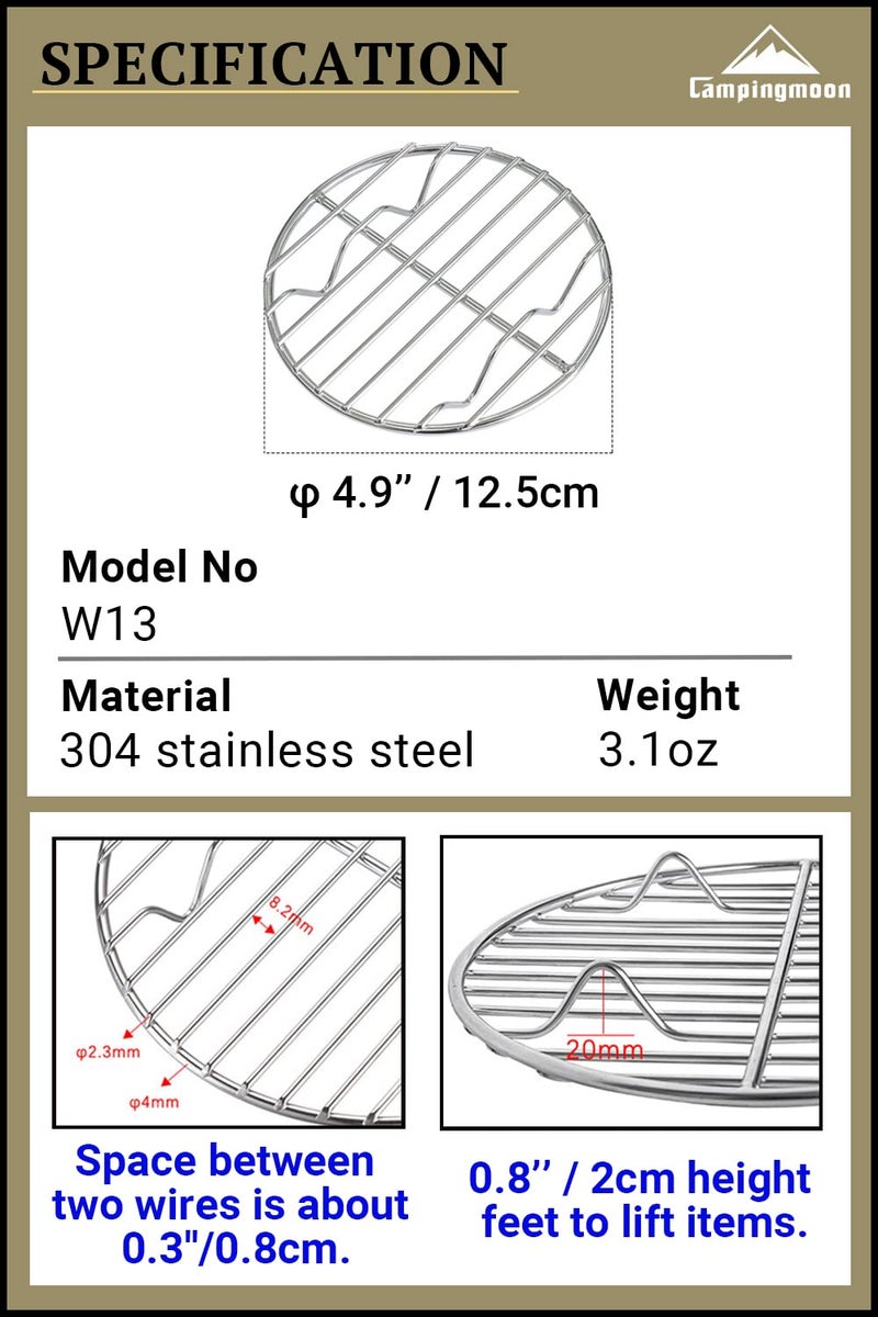 camping moon CAMPINGMOON Ï†4.9-inch Round Stainless Steel Cooking Grid Grill Fits for Backpacking Pocket Stove W13 - Image 2
