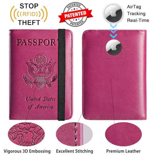 PASCACOO Airtag Passport Holder Cover Wallet Travel Essentials RFID Blocking Leather Card Case International Must Haves Travel Accessories for Women Men(119#Purple) - Image 2