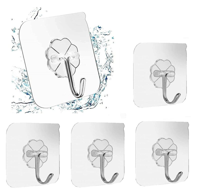 TECHBLAZE Self Adhesive Plastic Wall Hooks Heavy Duty Transparent Sticky Hanger with Stainless Hook for Hanging 10 Kg Max Waterproof Reusable Wall Hanger for Towel Bath Ceiling Hooks (Pack of 4) - Image 1