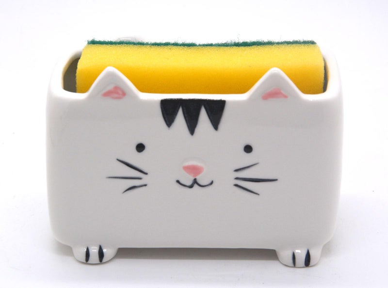 MONMOB Cat Sponge Holder Ceramic Cat Soap Holder Cute Cat Decor Kitchen Accessories Cat Home Decor Ceramic Kitchen Sponge Holder Cat Gifts Ideal Gifts for Women Birthdays Valentines Day Gifts