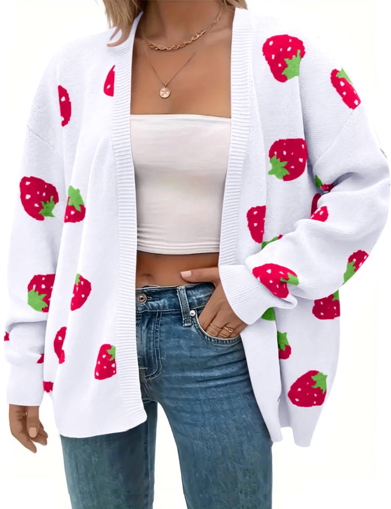 SECRETEYARD Women's Plus Size Strawberry Floral Print Long Sleeve Open Front Knit Cardigan Sweater (US, Alpha, Large, Regular, Regular, White) - Image 1