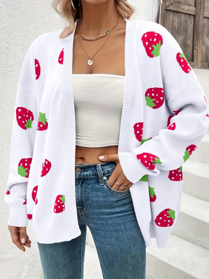 SECRETEYARD Women's Plus Size Strawberry Floral Print Long Sleeve Open Front Knit Cardigan Sweater (US, Alpha, Large, Regular, Regular, White) - Image 3