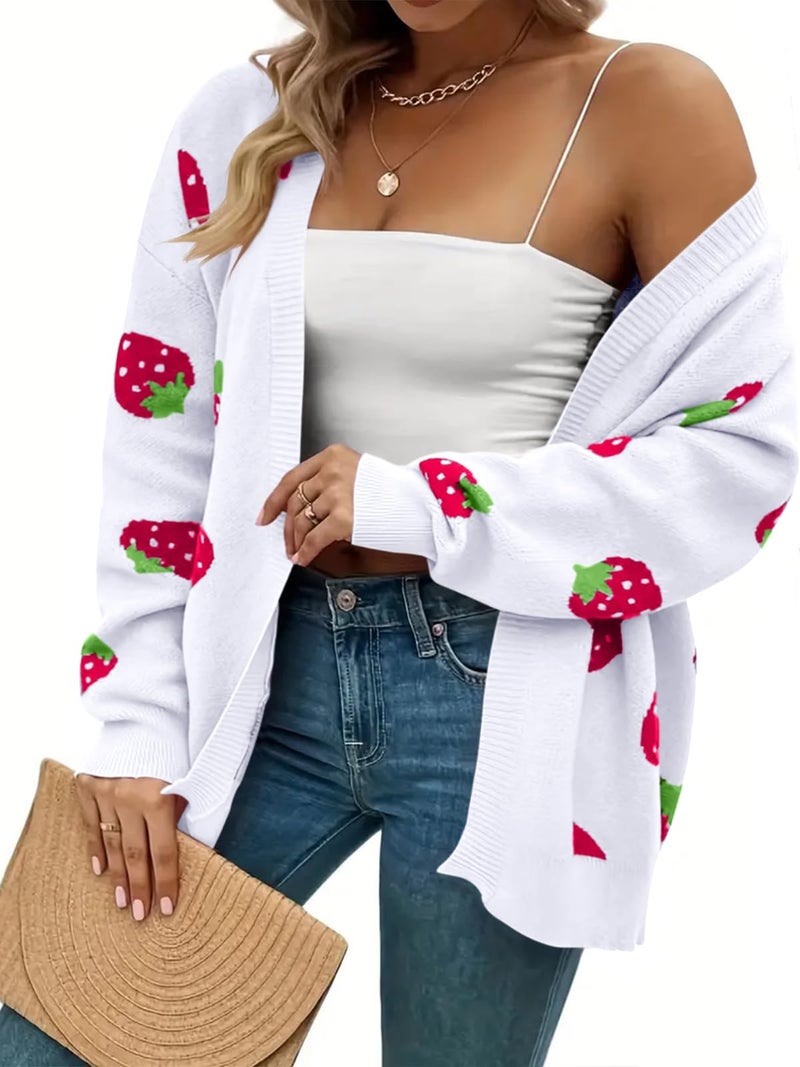 SECRETEYARD Women's Plus Size Strawberry Floral Print Long Sleeve Open Front Knit Cardigan Sweater (US, Alpha, Large, Regular, Regular, White) - Image 4