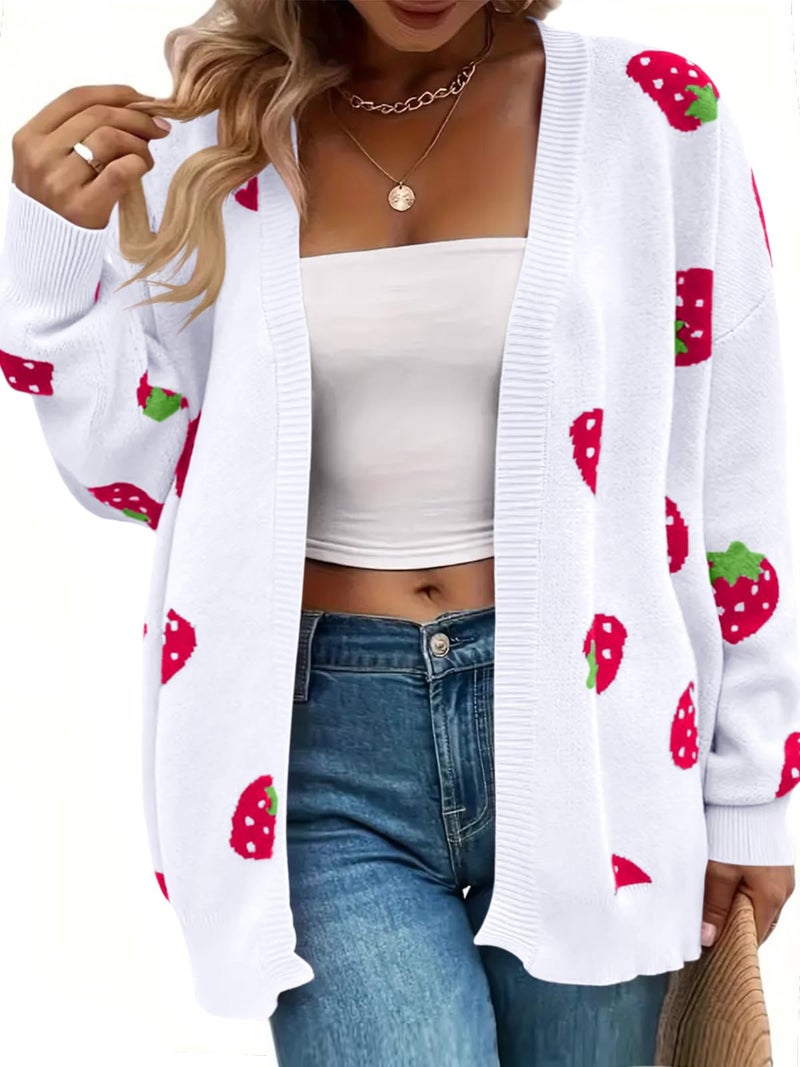 SECRETEYARD Women's Plus Size Strawberry Floral Print Long Sleeve Open Front Knit Cardigan Sweater (US, Alpha, Large, Regular, Regular, White) - Image 2